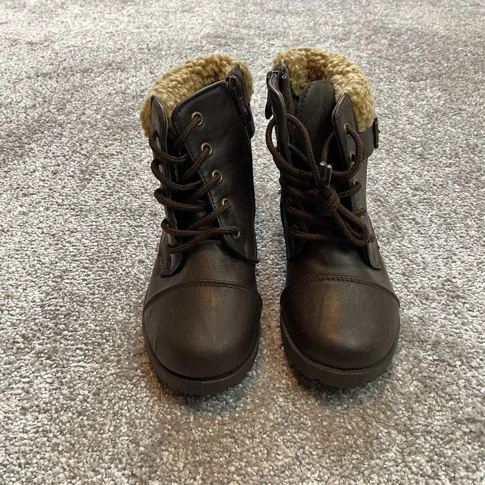 Wanted Girls Size 1 Boots Dark Brown Lace-up with Side Zipper Betsy Ankle Sherpa